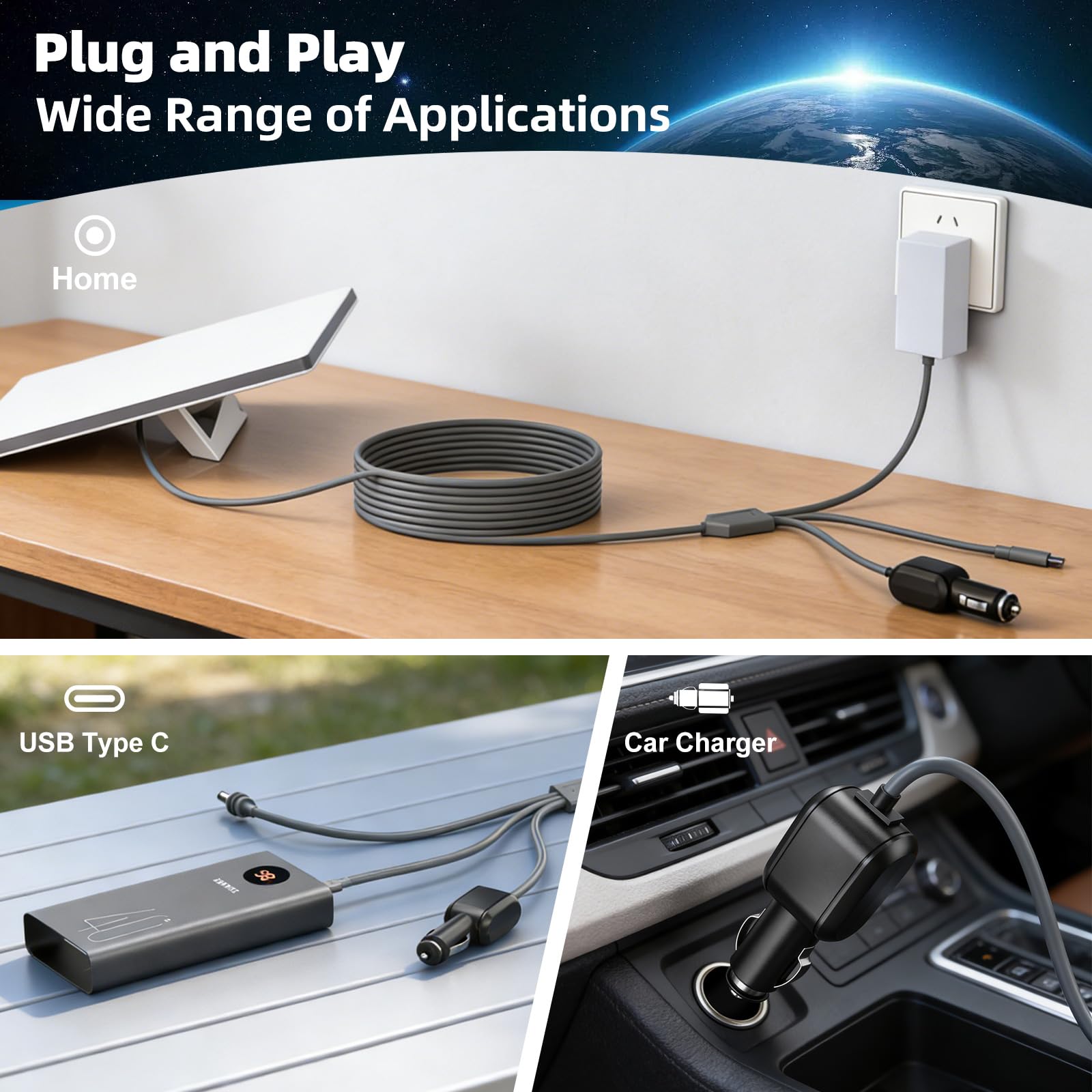 3合1 Starlink Mini Cable 10FT/3M 或 16FT/5M 18AWG Starlink Mini 100W 高速 USB C/车载充电器/直流转直流电源线 Starlink 迷你车用点火器更换防水延长线附件