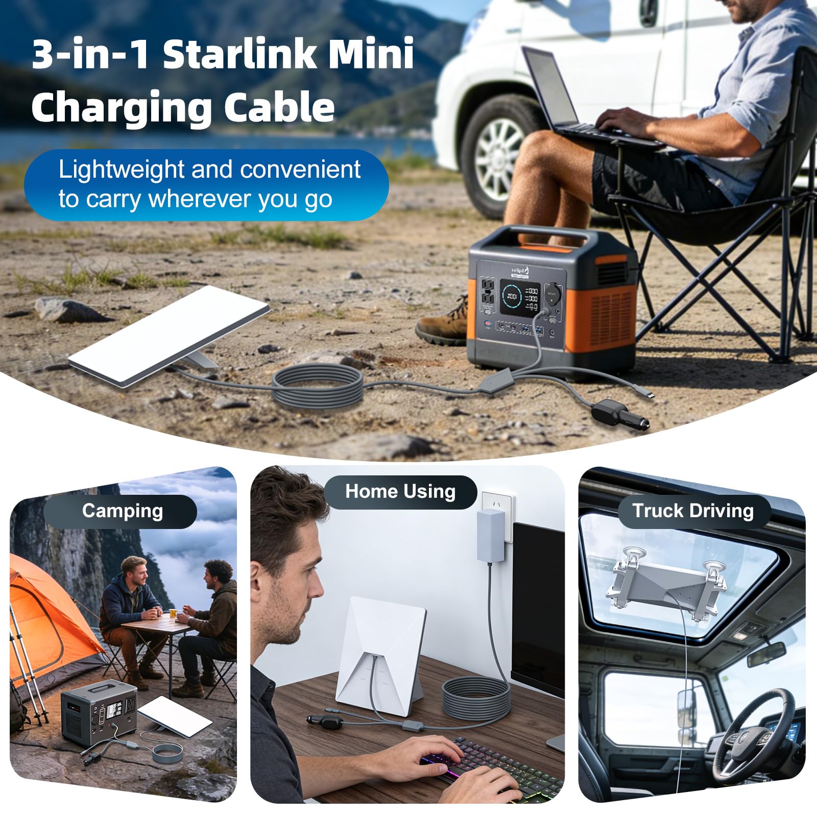 3合1 Starlink Mini Cable 10FT/3M 或 16FT/5M 18AWG Starlink Mini 100W 高速 USB C/车载充电器/直流转直流电源线 Starlink 迷你车用点火器更换防水延长线附件