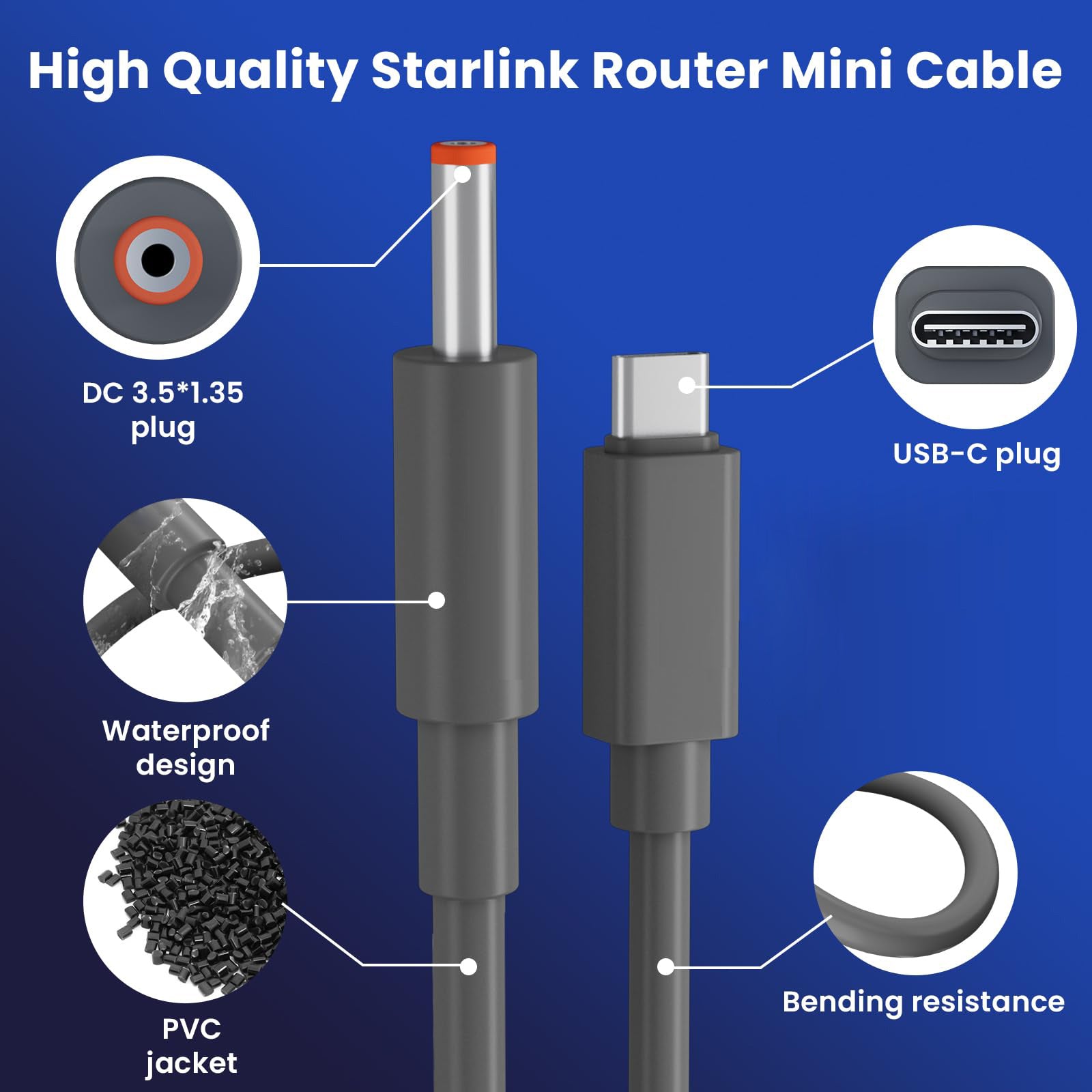 对于Starlink路由器迷你电缆2组（1英尺6.5英尺）USB-C转直流电源线，兼容迷你路由器，即插即用PD 9V兼容，替代Starlink网络套件