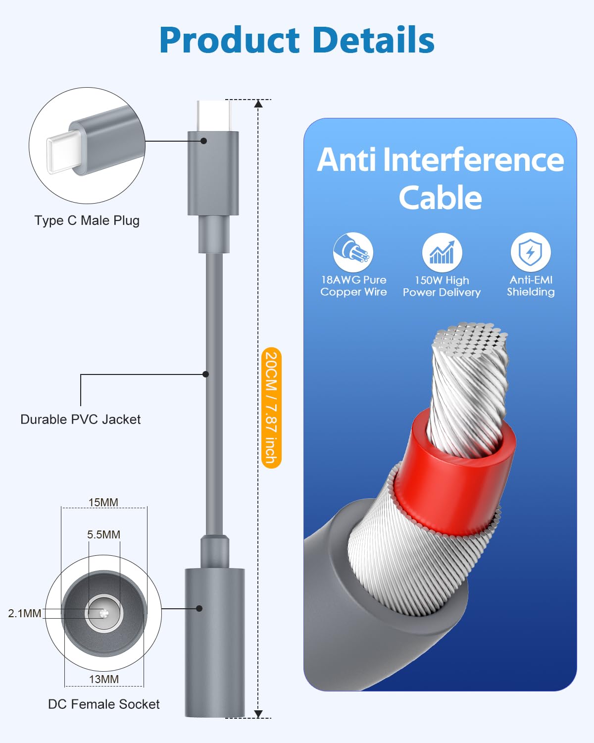 适用于Starlink Mini Type C转直流适配器防水，兼容原版Starlink Mini USB-C电源线65W+ PD Source直流电源适配器